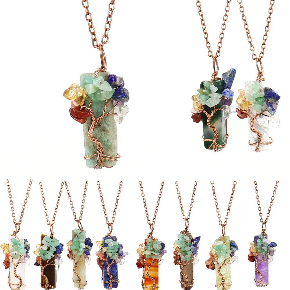 Chakra Gemstone Tree of Life Wire Wrapped Necklace Natural Clear Quartz Healing Crystal Point Pendant Necklace for Women