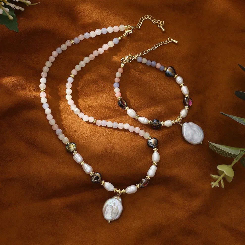 Trendy Semi-precious Gemstone Necklace for Women Dainty Morganite Beaded Bracelet Luxury Shell Beads Baroque Pearl Jewelry Gift