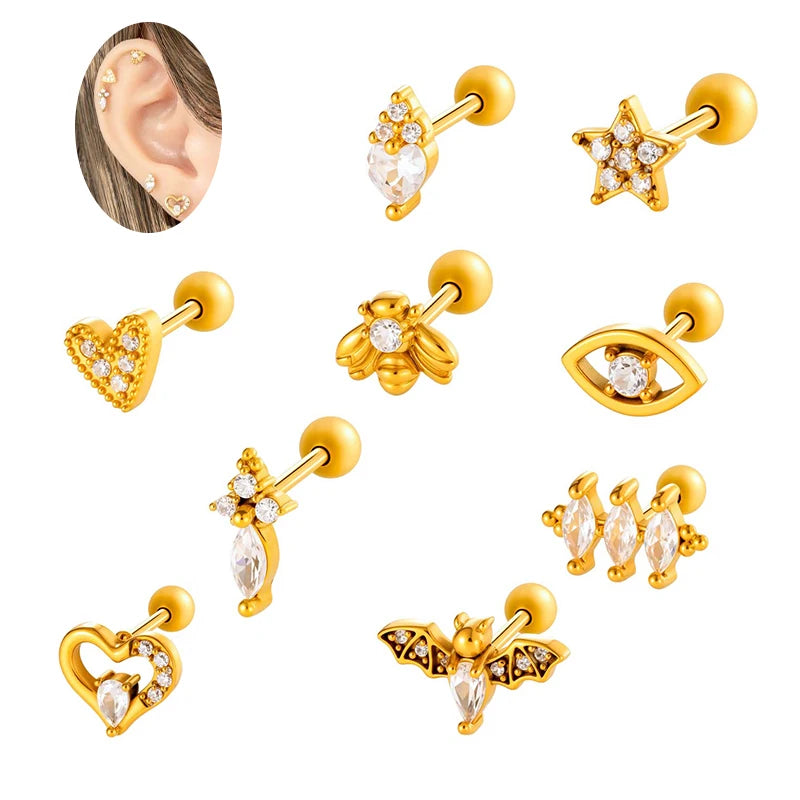 HENGSEN Wholesale Stainless Steel Jewelry Gold Plated  Piercing  Jewelry Heart Eye Bee Animal Shape Fashion Stud Earrings
