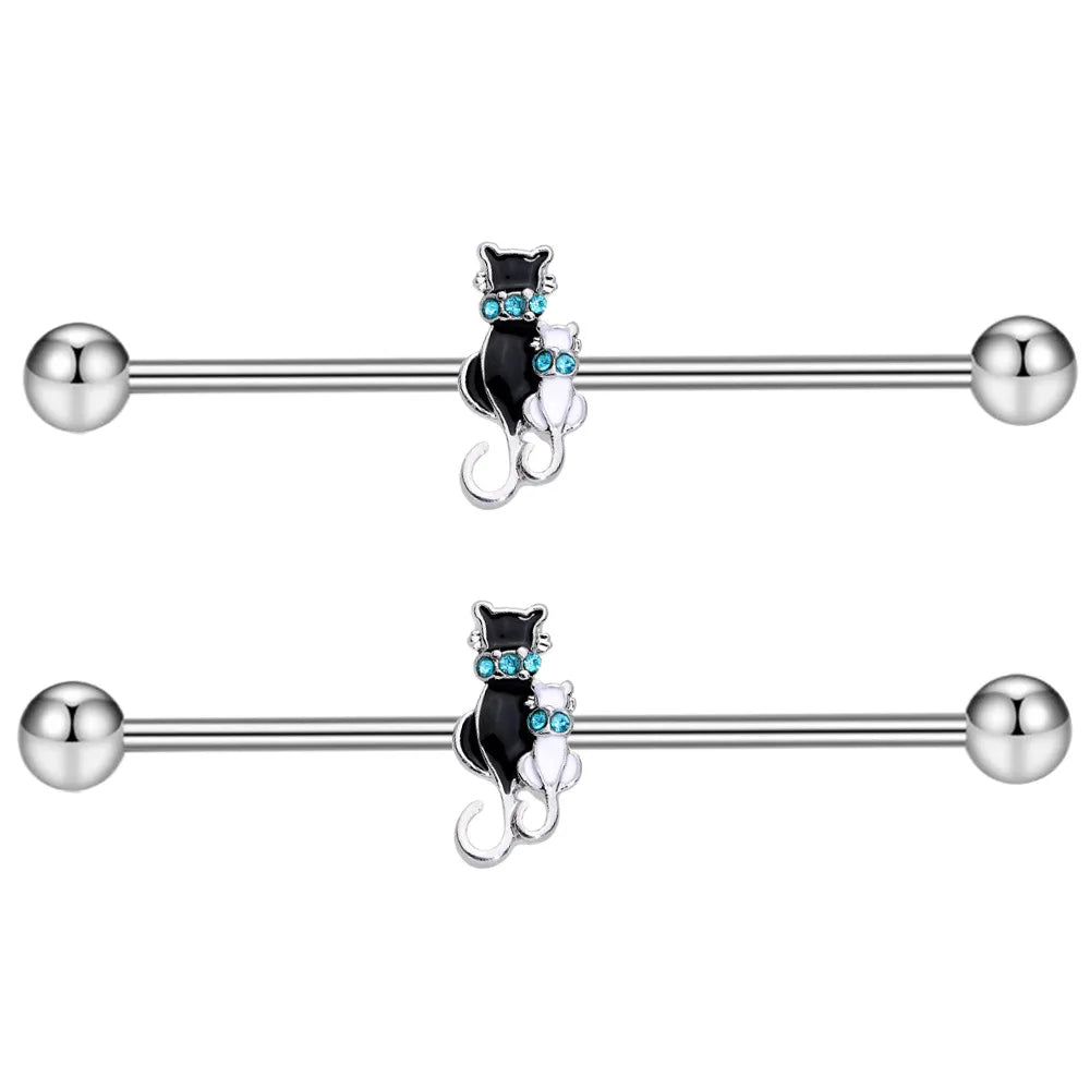 Stainless Steel Industrial Barbell Ear Cartilage Piercing Bar Stud Zirconia Cartilage Earrings Cute Cat Piercing Body Jewelry