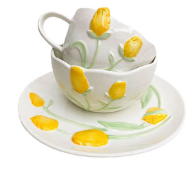 Korean Ins Cute Girl Heart Embossed Ceramic Yellow Tulip Plate Ceramic Dessert Plate