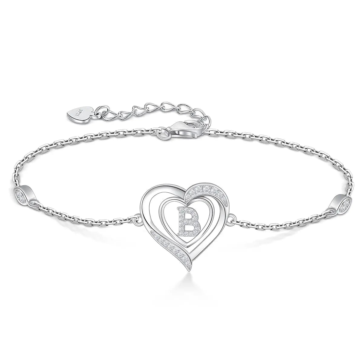 925 Sterling Silver Cross Chain Bracelet Bangle With Cubic Zircon and Your Own Letter Logo Heart-shaped Tag