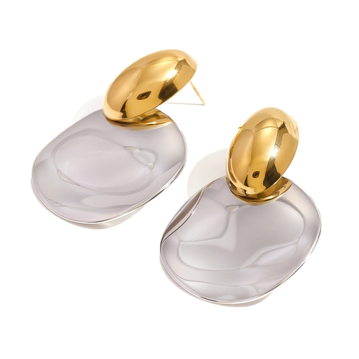 J&D 18k Gold Stainless Steel Two Tone Smooth Oval Wave Round Drop Earrings Statement for Women