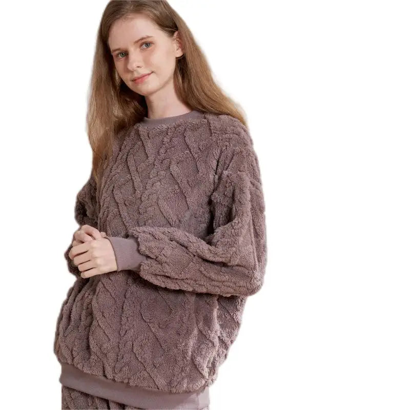 Women's Winter Thermal Fleece Pajamas Set with Elastic Waist-Elegant Sleepwear for Home Use
