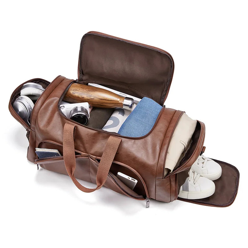 High Quality Men Outdoor Business Luggage Bag Custom logo Waterproof Brown PU Leather Travel Duffle Bag