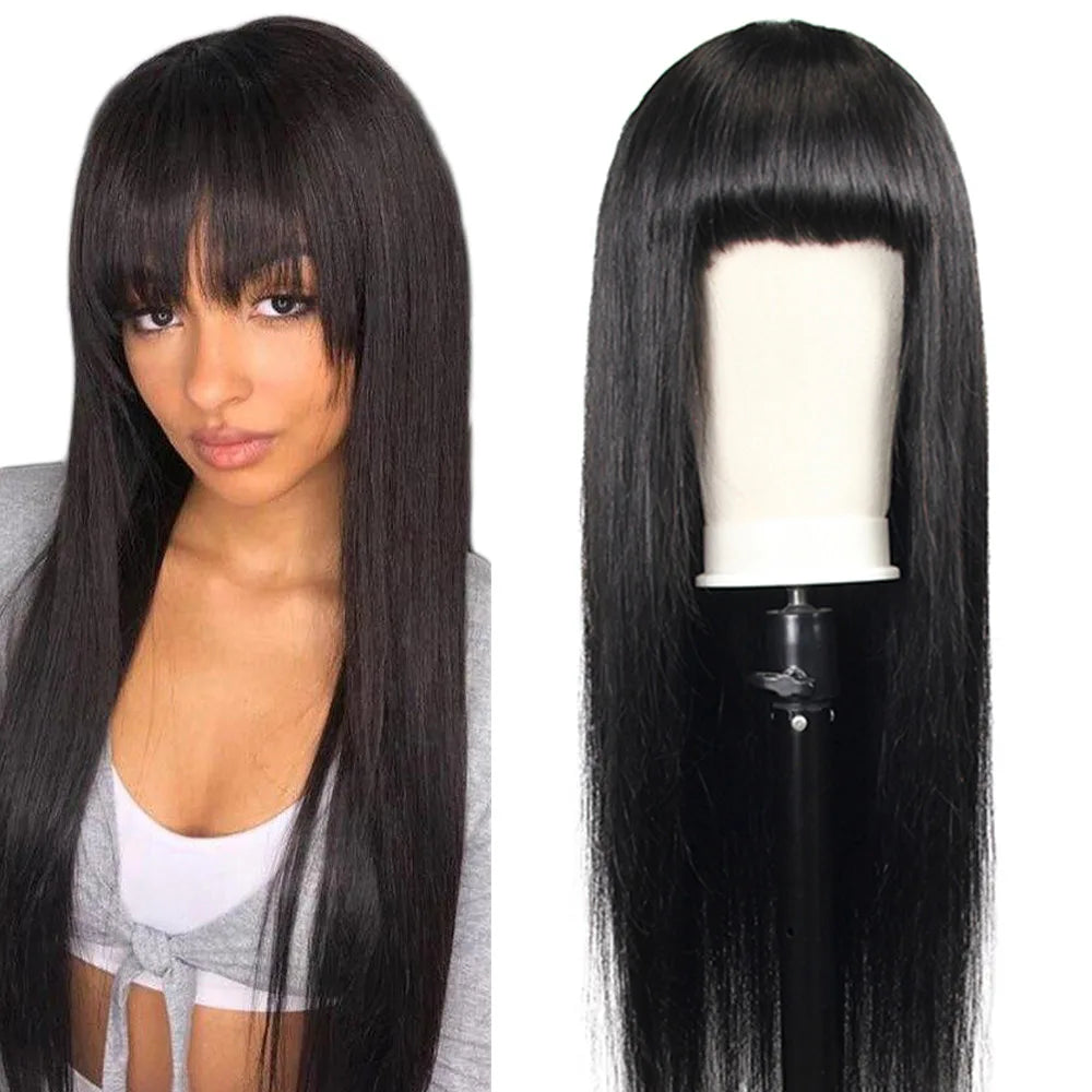 Cuticles Aligned Peruvian Straight 30 Inches Wig Wholesale Human Hair Vendors Machine Wig with Bang