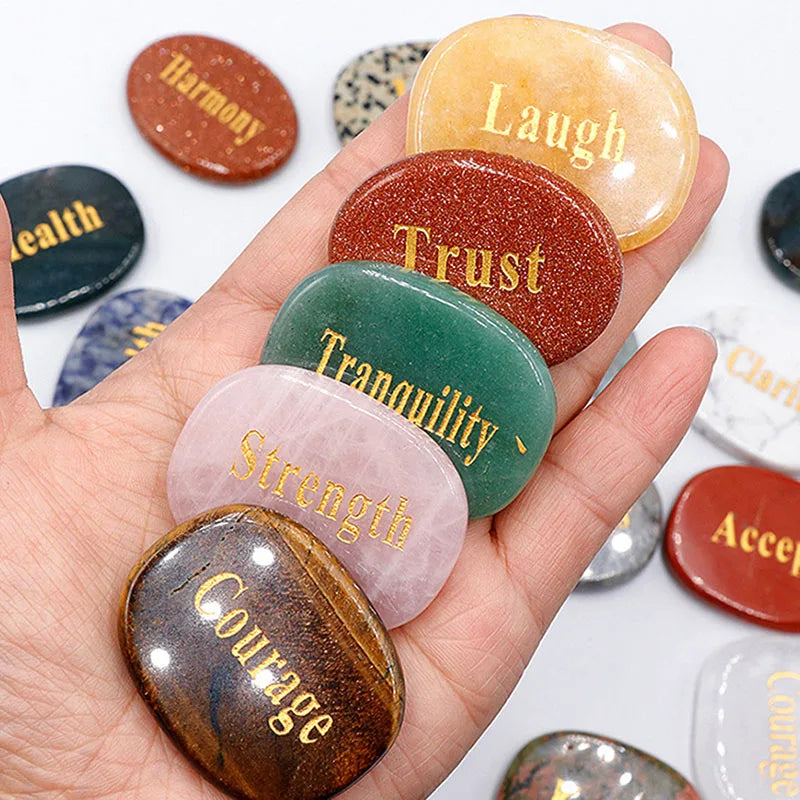 Positive Words Worry Palm Pocket Stone Engraved Inspirational Word Stones Flat Pebbles Healing Crystals Gemstone Love Luck Joy