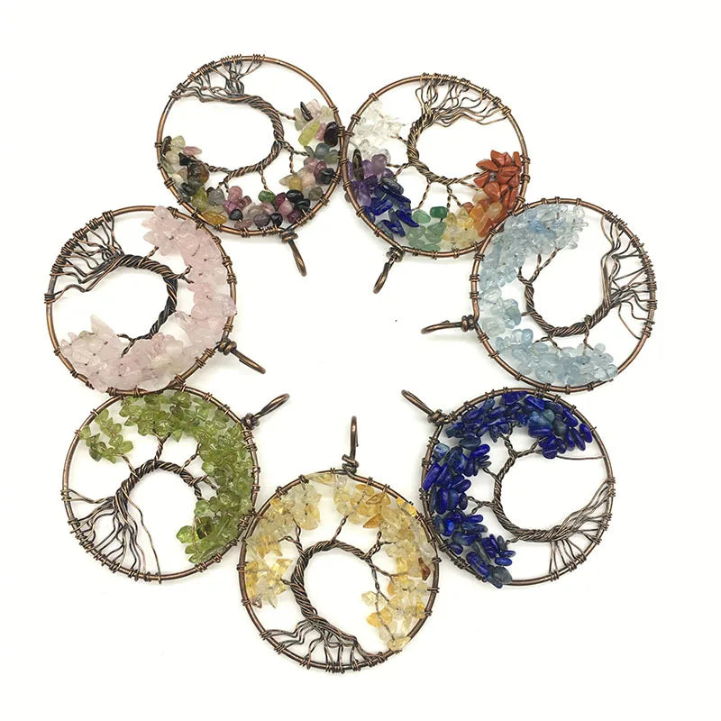 Huiying Hot Sell Chakra Round Shape Necklace Tree of Life Pendant Chip Stones New Design Charm Jeweley