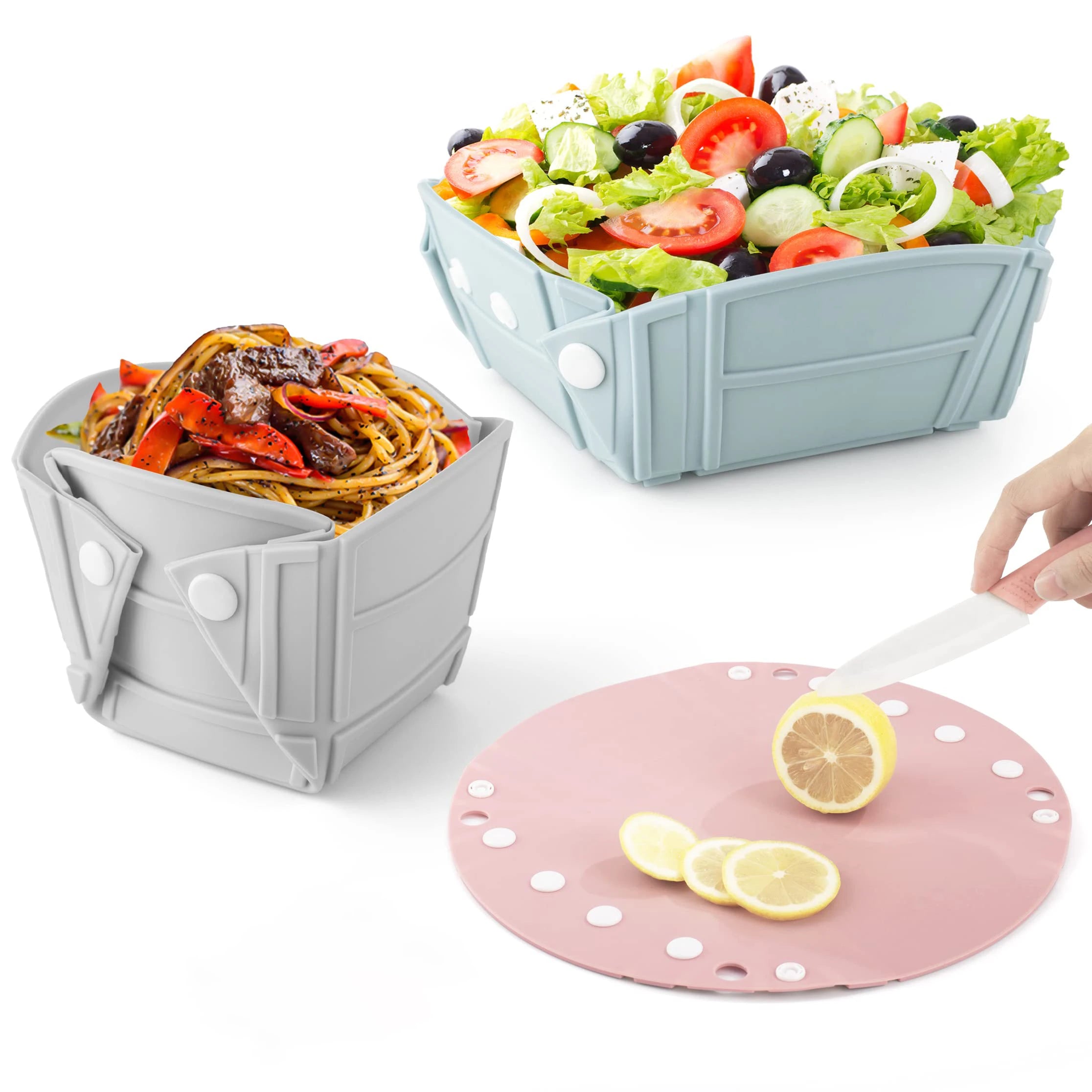 BPA Free Foldable Tableware  4 in 1 Silicone Pad Portable Folding Bowl Collapsible Bowl Camping Plates and Bowls Set