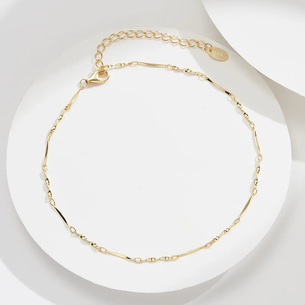RINNTIN SA79 925 Sterling Silver Gold Plated Thin Twisted Chain Anklet Singapore Chain Anklets for Women Summer Beach Jewelry