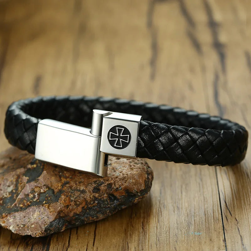 Personalized Fathers Day Gifts Cross Sign  Stainless Steel Magnetic Clasp Micro Fiber Leather Bracelets for Men Boy