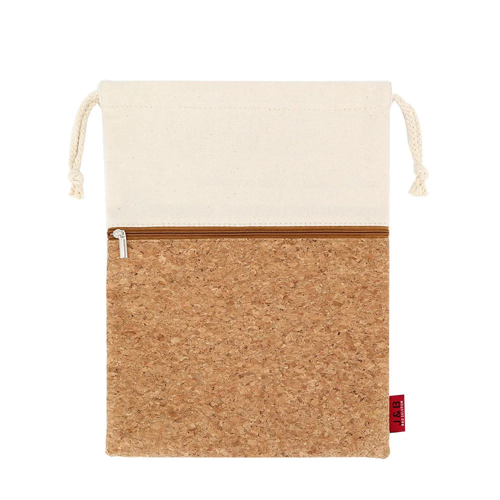 Factory OEM Cork Drawstring Bags with Zipper Pocket Natural Cotton Canvas Gift Pouch Makeup Bag Drawstring Packaging Bag