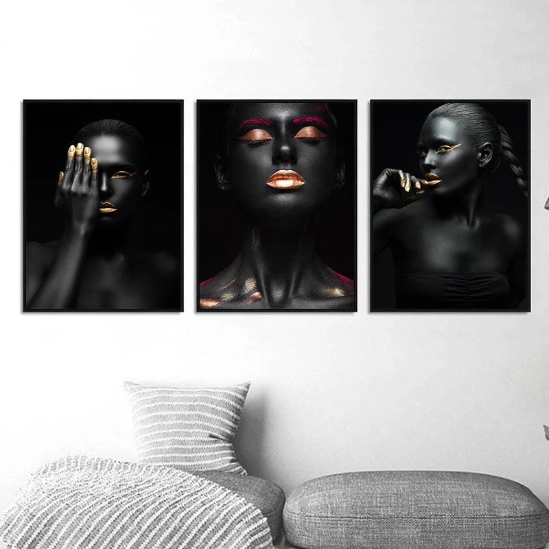 Tableau Mural African Art Black and Gold Woman Prints Scandinavian Wall Art Picture for Living Room