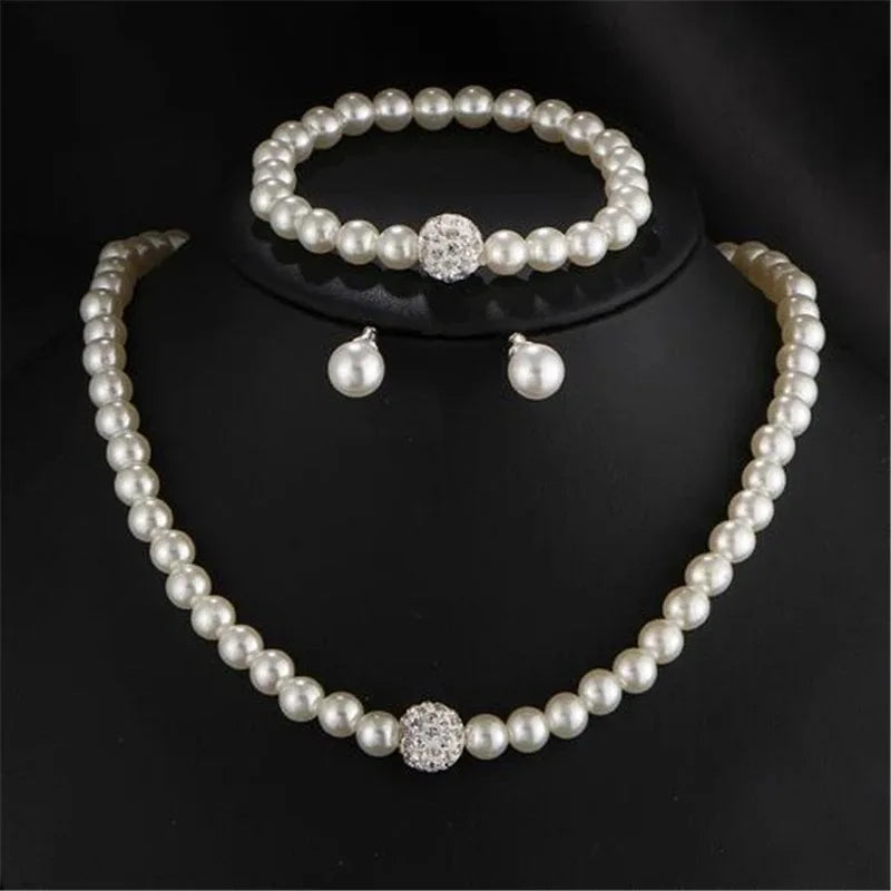 Bridal High-end Sweater Chain Necklace Stud Earrings Bracelet Shiny Diamond Jewelry Faux Pearl Necklace Set Gifts for Women