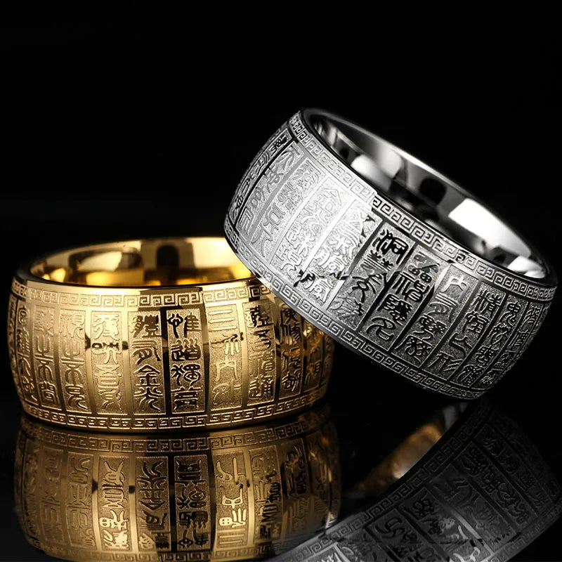 Wholesale New Design 10mm Domed Stainless Steel Chinese Heart Sutra Engraved Buddhist Ring Bands for Men