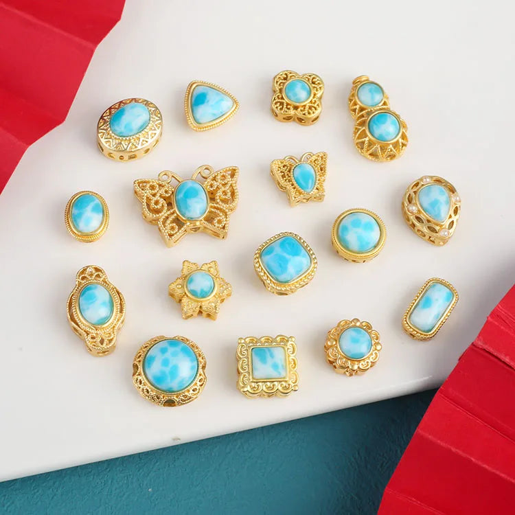 JS1713 Chic Matte Gold Plated Inlay Pave Larimar Stone Gemstone Heart Flower Butterfly Square Round Bar Spacer Jewelry Beads
