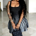 GX2419 Fashion Women Clothes Sleeveless Square Neck Knitted Mini Dress Elegant Stretchy Bodycon Casual Stripe A-line Dresses
