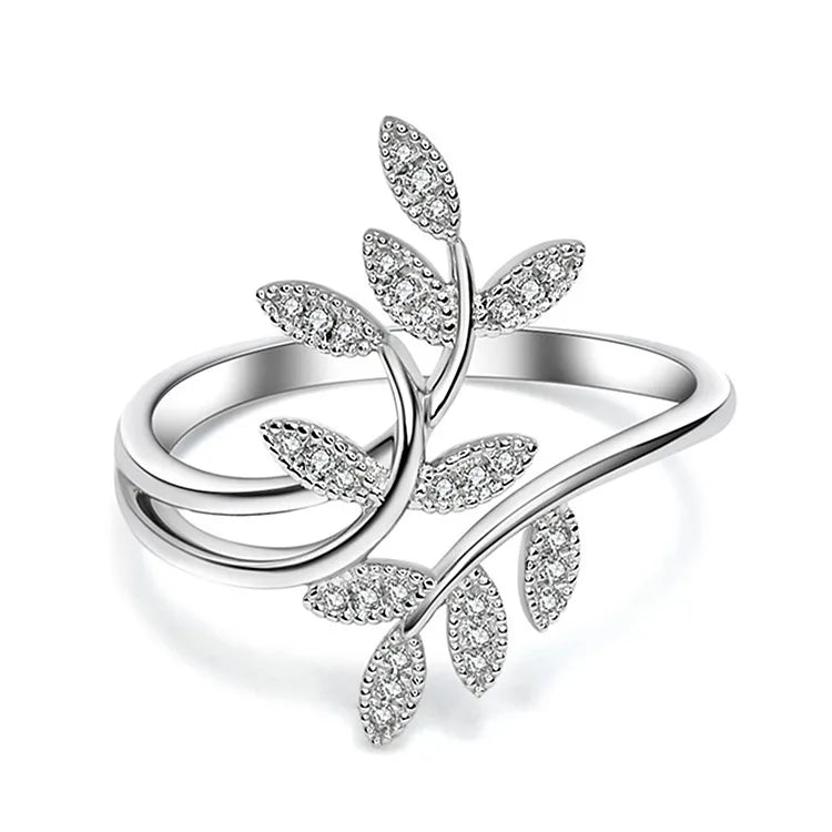 New Design Leaves Diamond Adjustable Ring Cubic Zircon CZ Micro Paved Olive Branch Opening Ring for Women