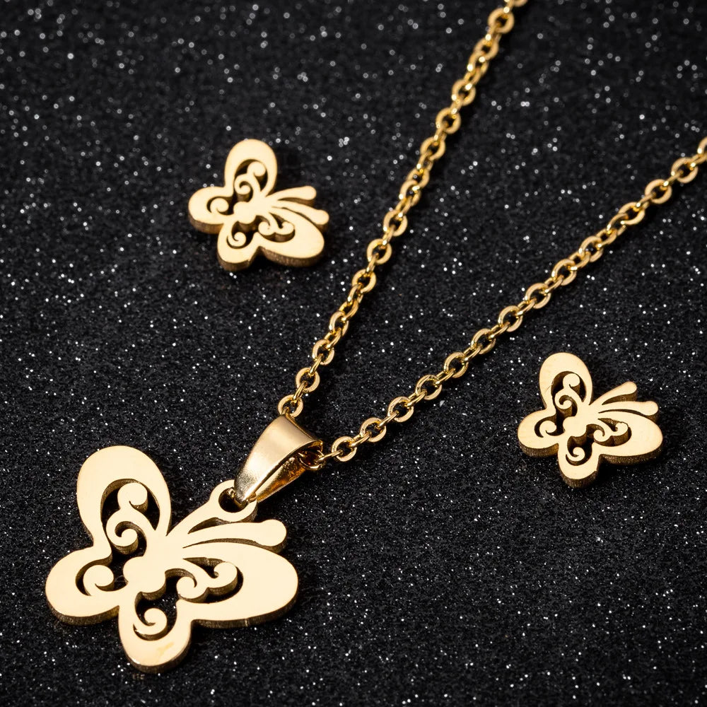 Trendy Female Gift PVD Plated Silver 18K Gold Stainless Steel Butterfly Pendant Earring Necklace Jewelry Set for Women Ladies