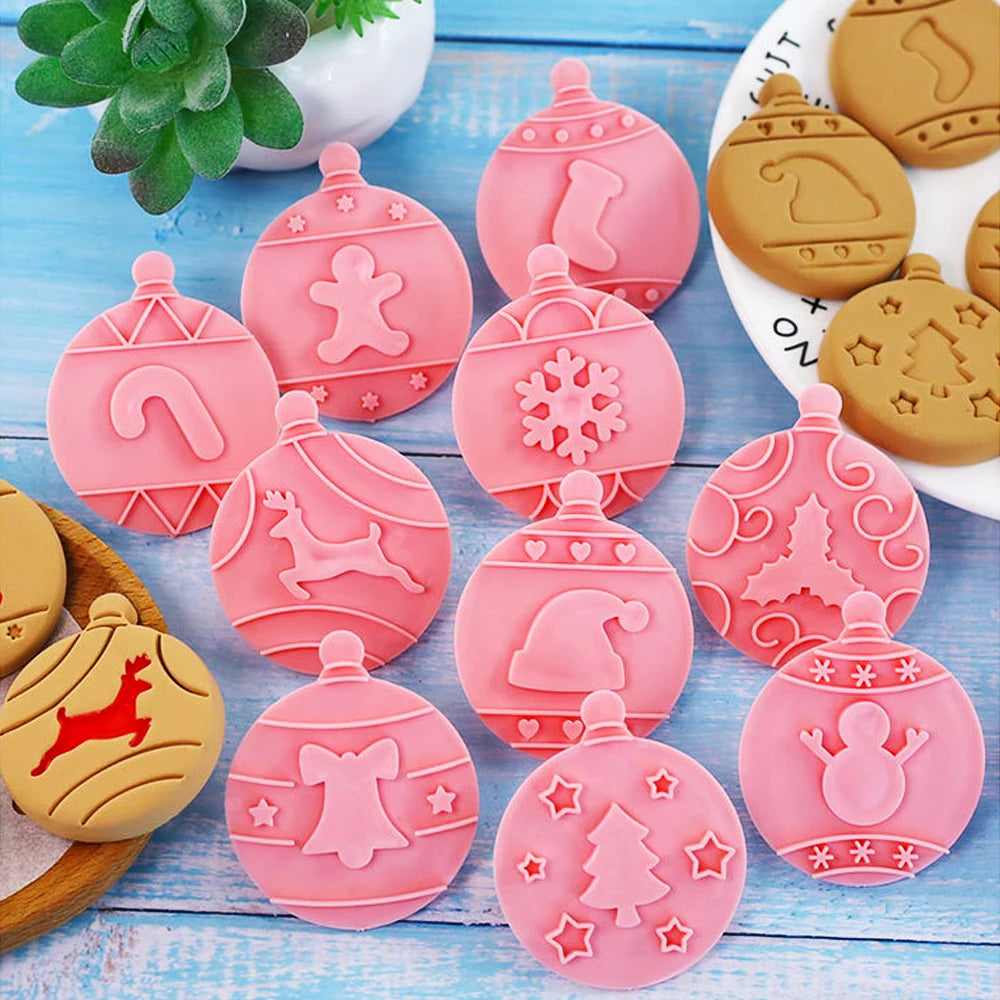 10pcs Happy Christmas Themed Letterpress Cookie Molds 3D Embossed Cookie Cutter Stamp for Xmas Party