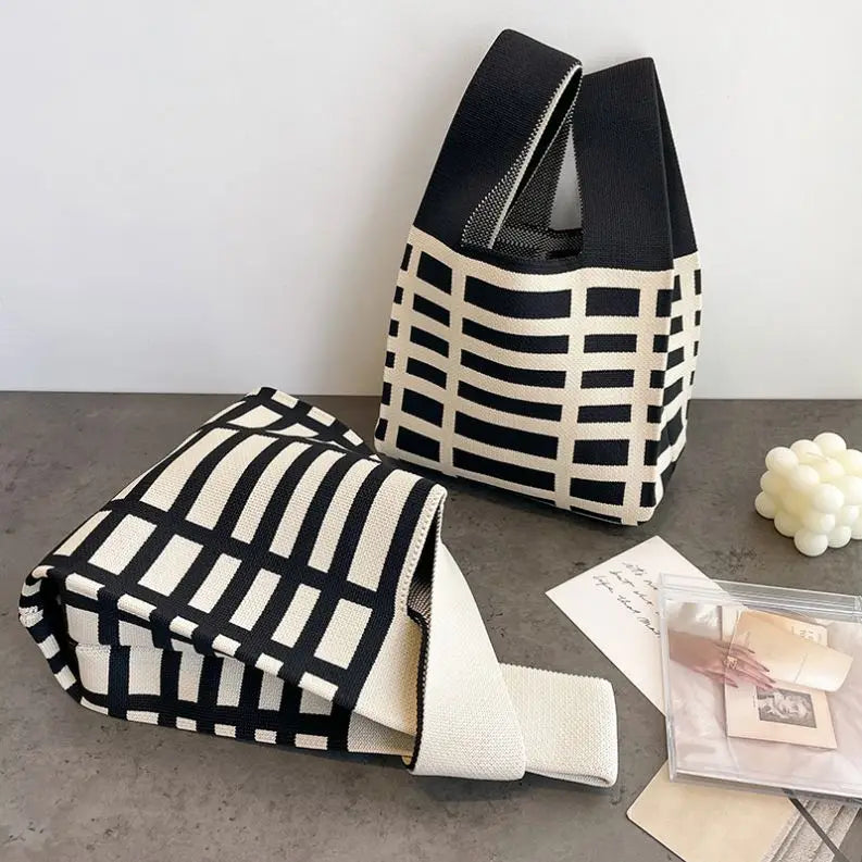 Hot Selling Black White Checked Pattern Shoulder Bag Mini Handbag Fashion Knitted Hand Bag Cotton Thread Women's Tote Bags