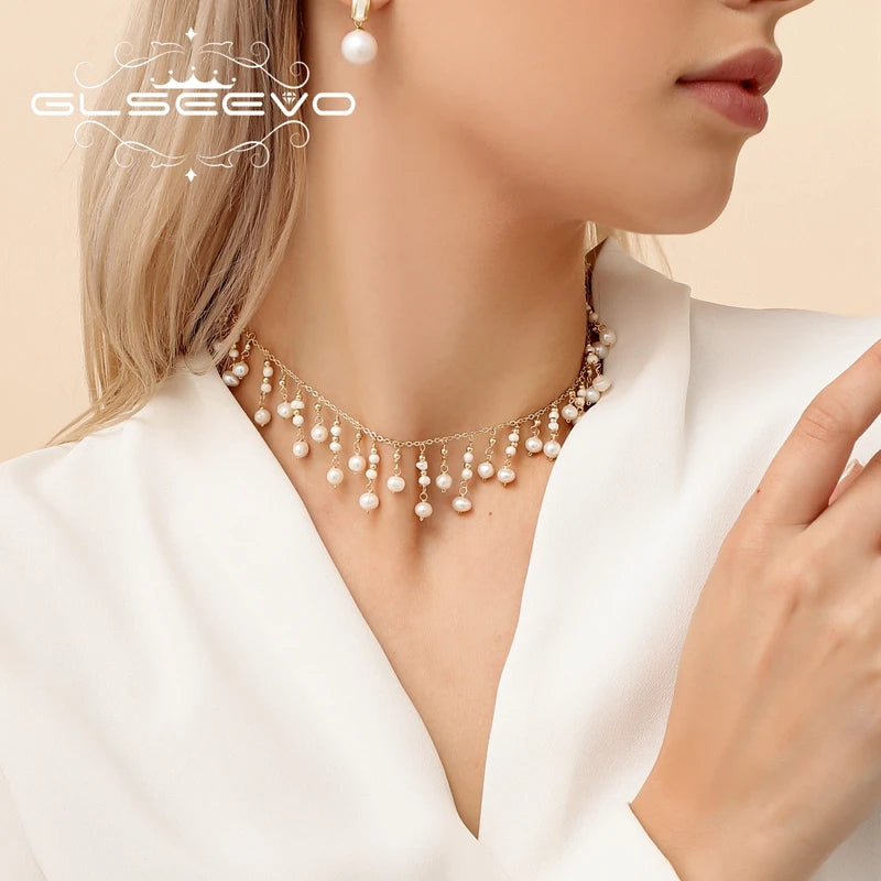 GLSEEVO Wholesale Vintage Real Dainty Pearl Necklace for Women Wedding Bridal Colorful Charms Freshwater Pearl Necklace
