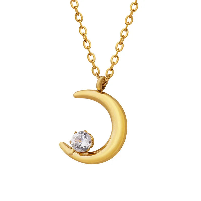 Korea Temperament Stainless Steel 18K Gold Plated Female Jewelry Gift  Round Zircon Inlaid Moon Pendant Necklace