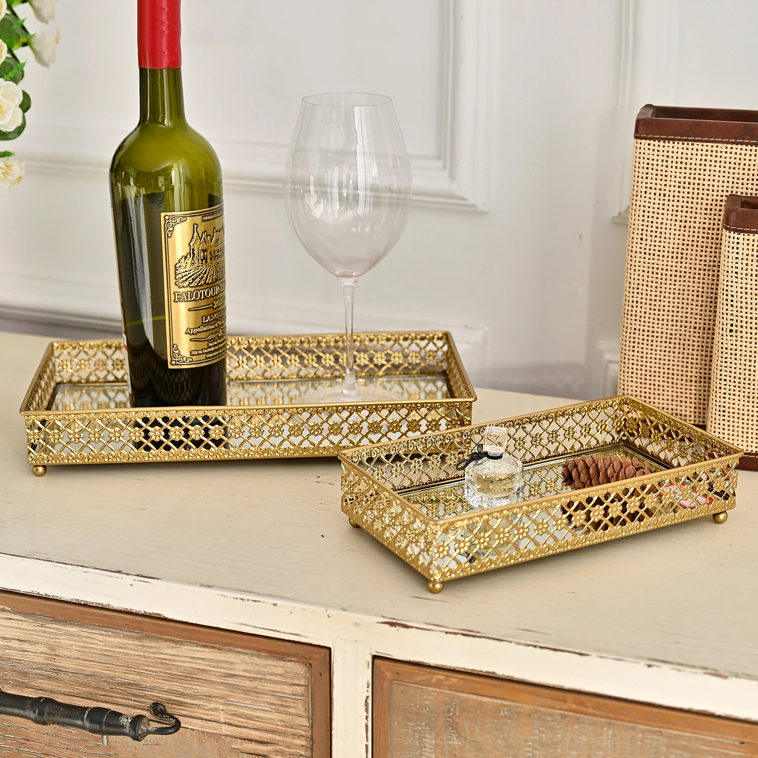 INNOVA New Arrivals Luxury Gold/Silver Rectangle Metal Mirror Jewelry Serving Tray Set 2 for Desk Living Room-Eco-friendly