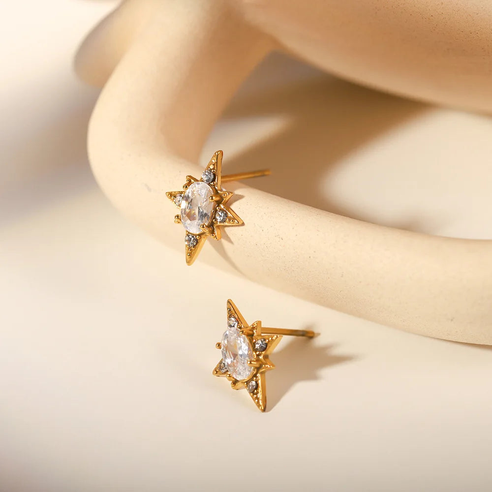 Whining Oval Zircon Octagonal Star Pendant Necklace Earring Set Stainless Steel Women Fine Jewelry Set