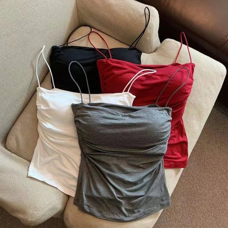 2024 Summer Fashion Solid Color Pleated Tank Top  Spice Girl Style With Chest Pad Spaghetti Strap Vest