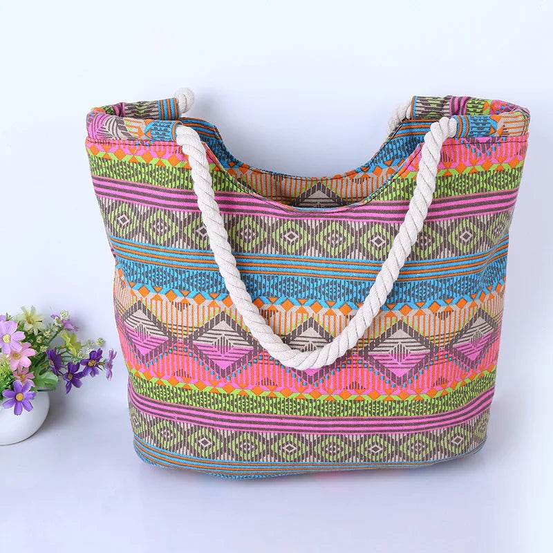 Fashion Stripes Fresh Travel Holiday Daily Leisure Large Capacity Canvas Handbag for Lady