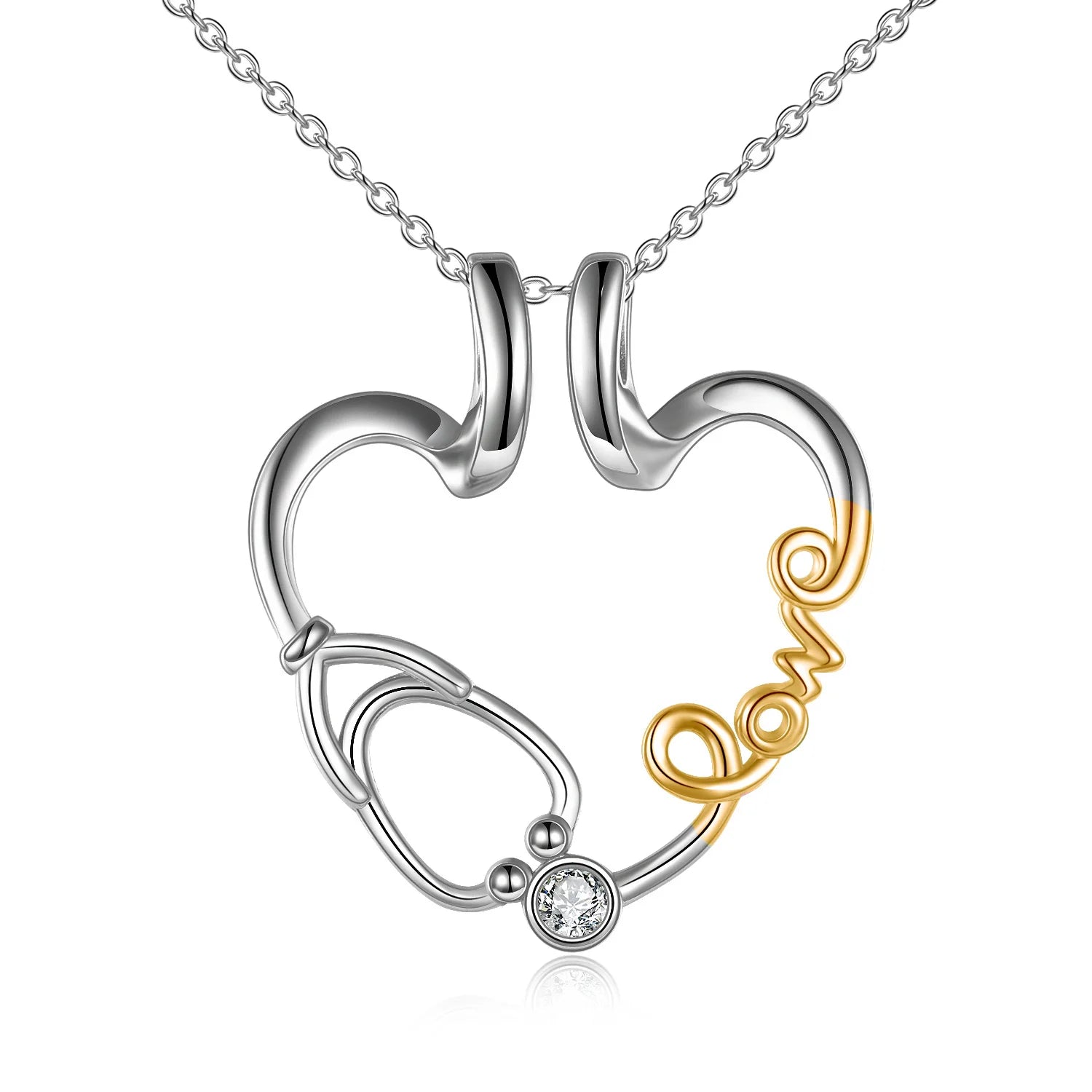 Nurse Theme Jewelry 925 Sterling Silver Two Tone Stethoscope Ring Holder Cubic Zircon Pendant Necklace