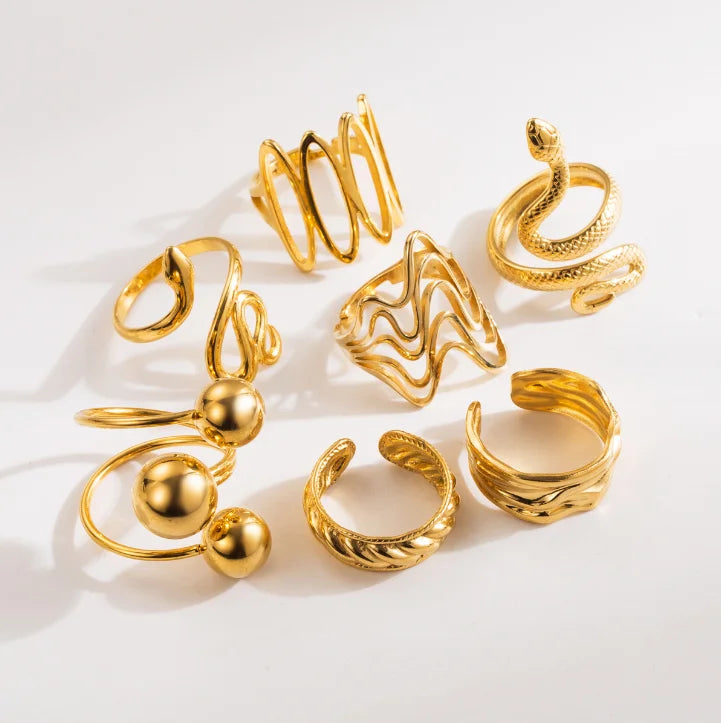 Fashion Jewelry Rings 18K Gold Plated Stainless Steel Vintage Textured Gold Rings for Women