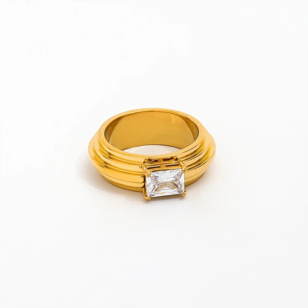 High End 18K Plain Gold Square Zirconia Layered Chunky Rings Stainless Steel Trendy Simple Gold Plated Jewelry MegaBDM