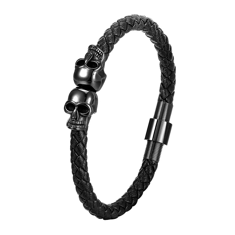OEM Manufacturer Fashion Hand Bracelet Black Skull Jewelry Magnetic Clasp Genuine Leather Skull Bracelet for Men