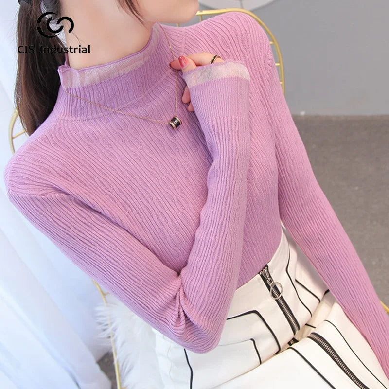Custom Embroidery Design Women's Slim-Fit Knitted Pullover Turtleneck Lace Splicing Warm Sweater for Autumn Wholesale Casual