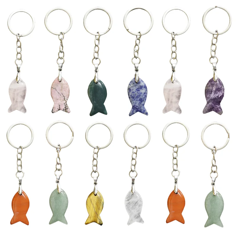 Gemstone Fish Pendant Keychain Healing Chakra Crystal Fishes Key Chains Vintage Jewelry Birthday Mother's Day