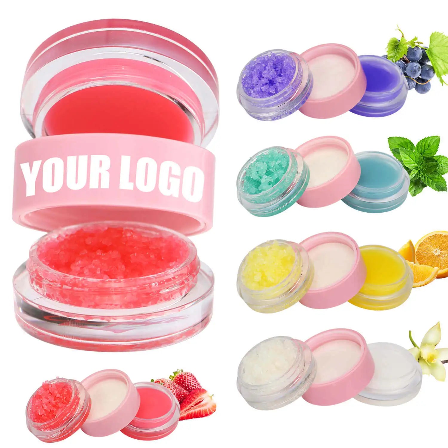 Vegan Lip Balm Lip Scrub 2 in 1 Fruit Lip Makeup Moisturizing Cosmetics Custom Logo Wholesale Sugar Honey Flavors Cruelty Free