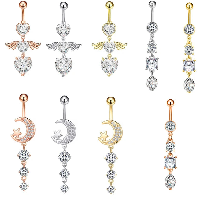 Stylish Stainless Steel Zircon Moon Wing Pendant Body Piercing Jewelry Sexy Belly Ring