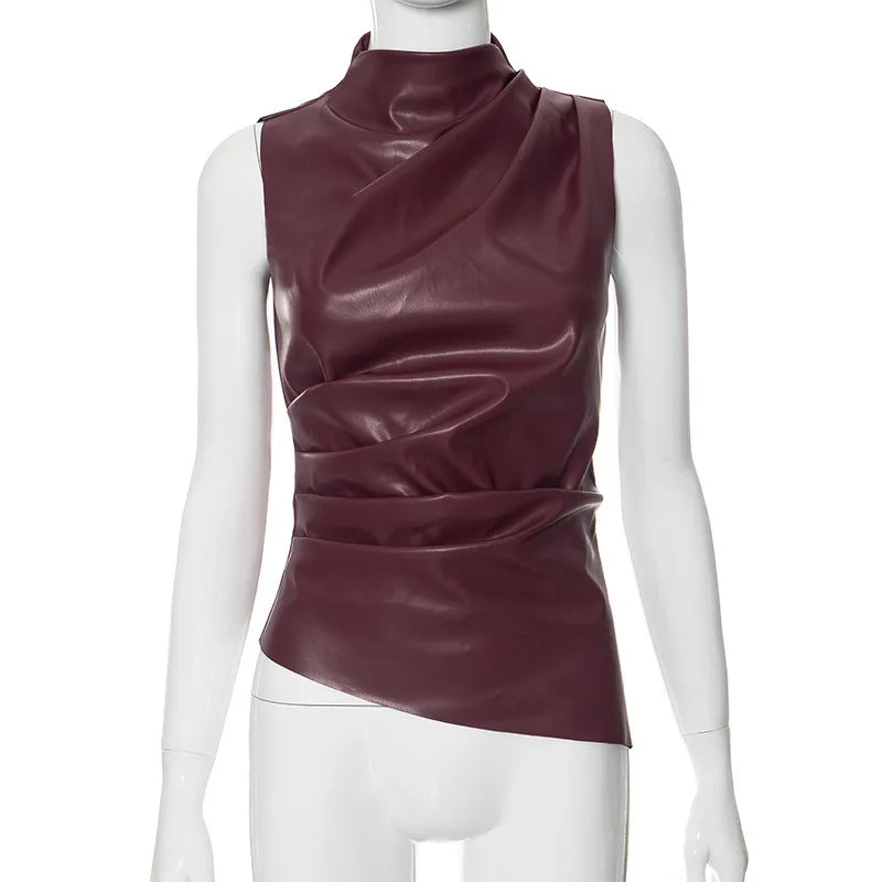 2026 Hot Sale Summer Y2k Tops Stacked Neck Sleeveless Pu Leather Women tank Tops for Women