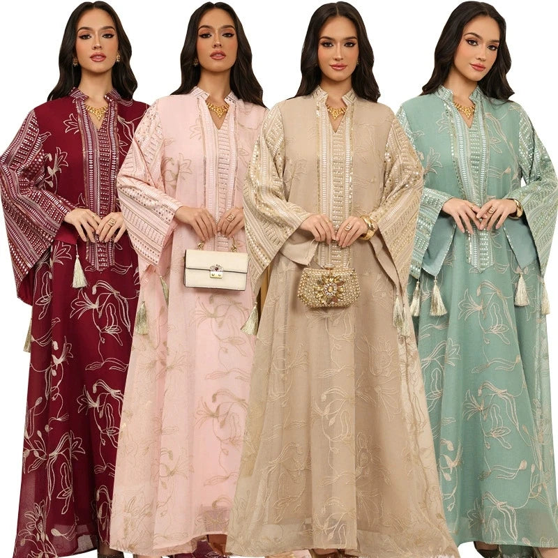 Wholesale Dubai Women's Long Sleeve Maxi Dress Muslim Dresses Middle Eastern Dress Embroidered Sequin Long Robe