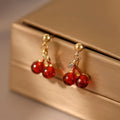 Hot Fashion Gold-Plated Red Crystal Rhinestone Cherry Stud Earrings for Women Girls Trendy Geometric Style for Parties Weddings