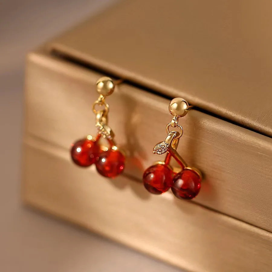 Hot Fashion Gold-Plated Red Crystal Rhinestone Cherry Stud Earrings for Women Girls Trendy Geometric Style for Parties Weddings