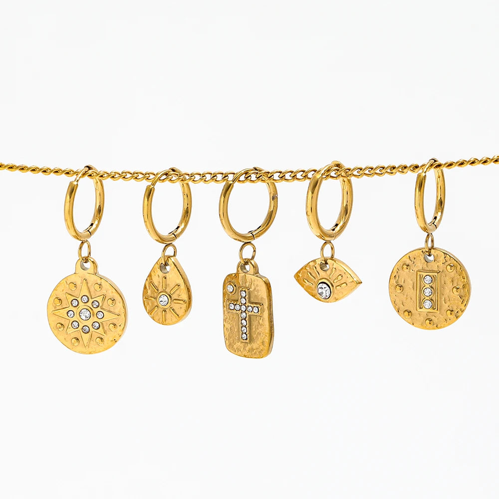 Joolim 18K Gold Plated Stainless Steel Cross Eye Waterdrop Star Coin Pendant Necklace and Earring Set Fashion Jewelry