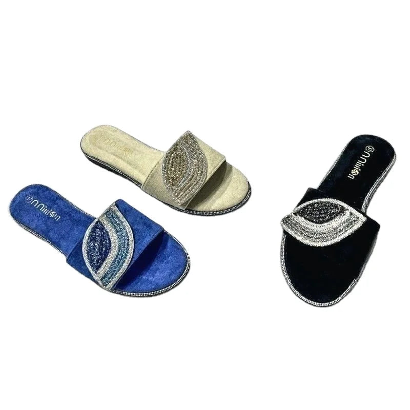 2024 Summer New Arrival Women's Elegant Suede Platform Sandals Stunning Rhinestones Flat Leather Lining Cross-Border Outwear