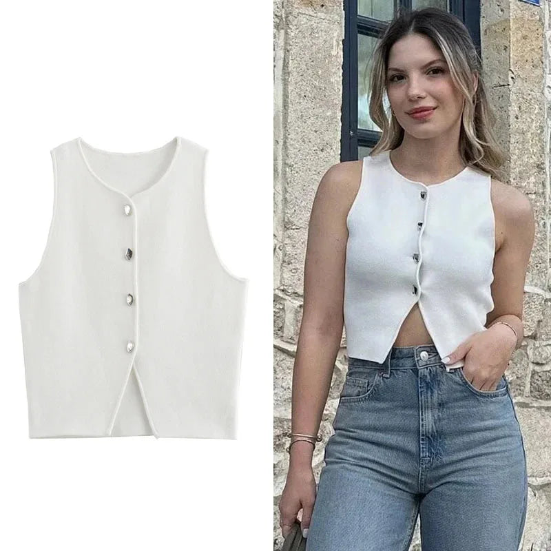 Women Streetwear Vest Tank Top Female Woman 2025 Summer Tanks Camis White Knit Crop Women Button Short Tops