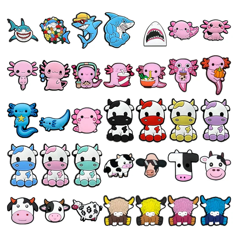 Customized Wholesale 2D Pvc Diy Clog Sandal Accessories Salamanders Shoes Decorations Shark Highland-cattle Shoe Charms