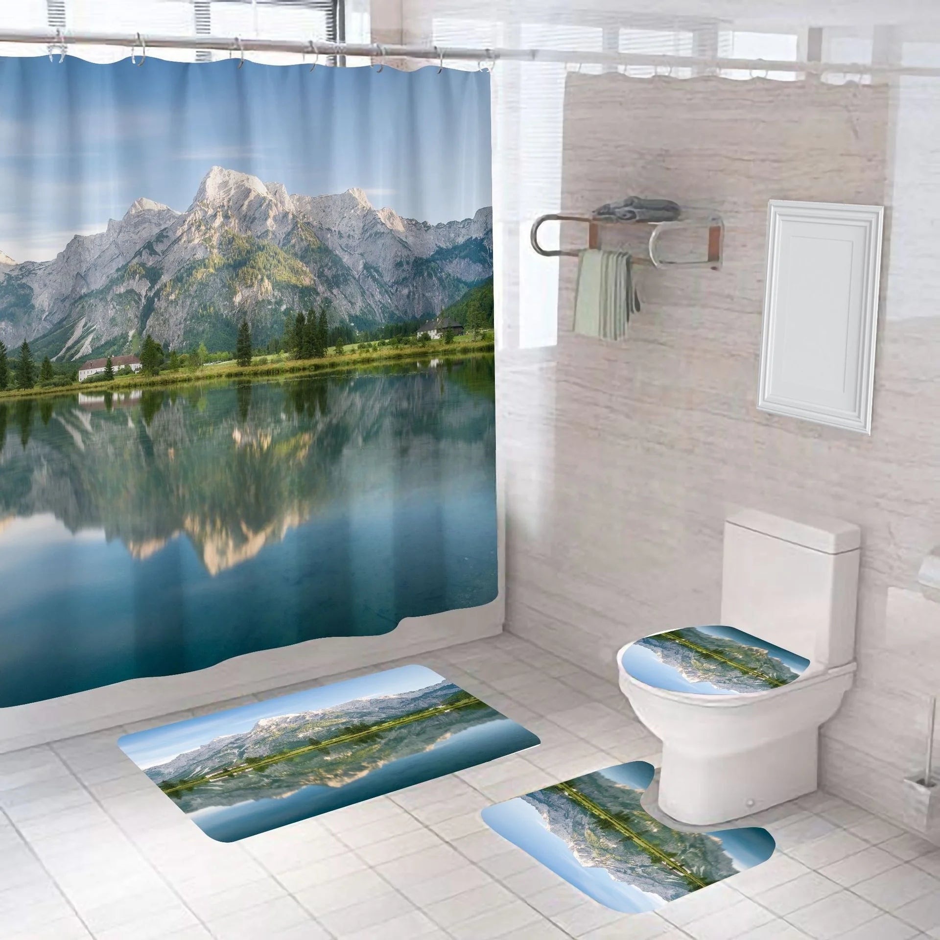 European-Style Classical Lake Mountain Scenery With Flower Plant Digital Printing Shower Curtains Bathroom Rug 4pcs Set