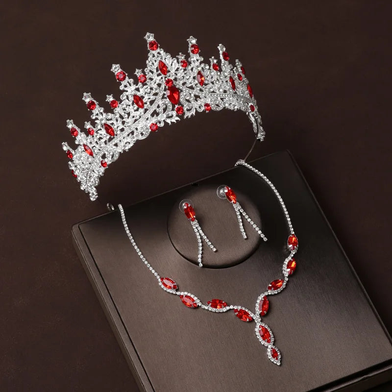Bride Headwear Crown Red Diamond Vintage Luxury Necklace Earrings Three Piece Set