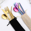 Gold Silverware Spoons Forks Knives Silverware 304 Stainless Steel Cutlery Travel Set with Straw